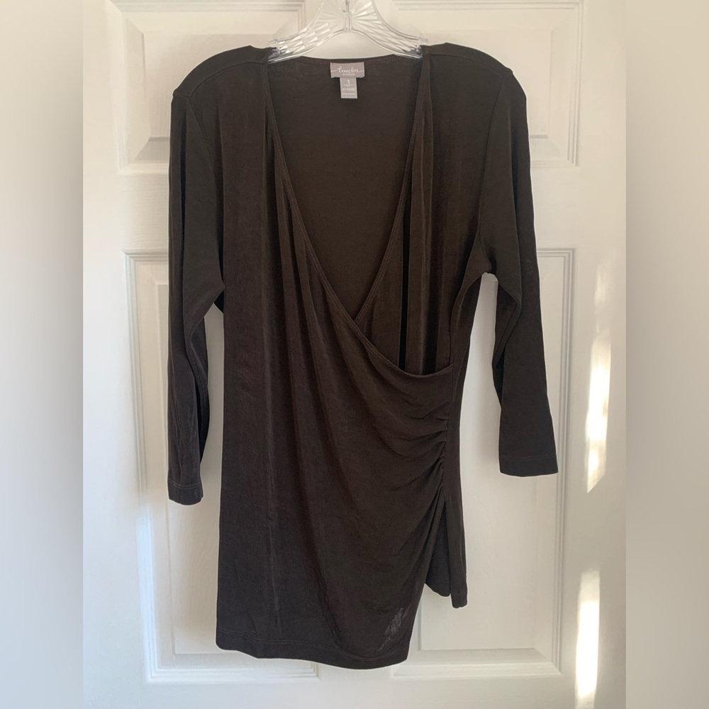 Travelers by Chico's Chocolate Brown V-neck Overlap Tunic Top with 3/4 Sleeves